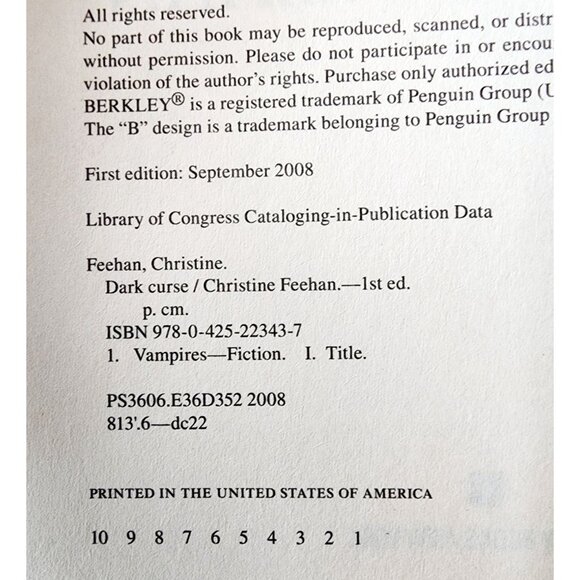 2008 Dark Curse Christine Feehan HC 1st Edition Carpathian Novel Vampires E68 - Picture 3 of 4